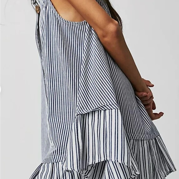 Free People Be Real Mini Dress Medium Striped Blue/White Ruffle 100% Cotton - Picture 2 of 14